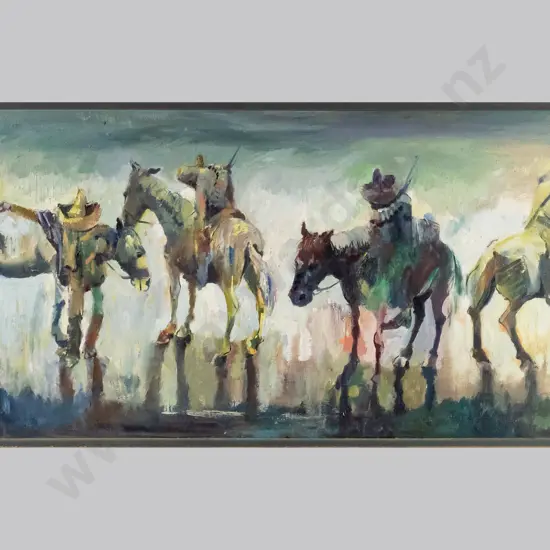 Xavier Becerra Bevier - framed oil on canvas- horses & ridders H-290 W-690