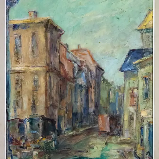 Merrill - framed oil - city street scene H-590 W-440