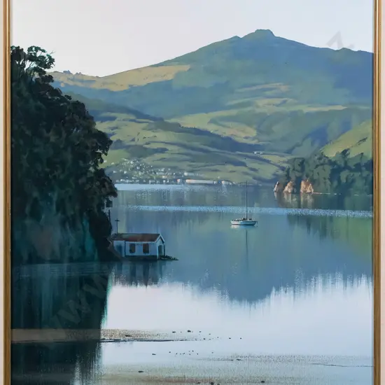 Graham Brinsley 07- framed oil on board - Otago Harbour scene H-590 W-440