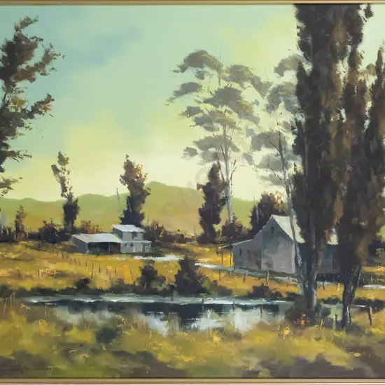 Allan Crombie -framed oil on board- "Marlborough farmyard" H-520 W-690