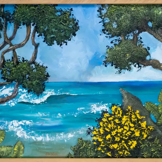 J K Weir -framed mixed media "Catlins" H-460 W-790