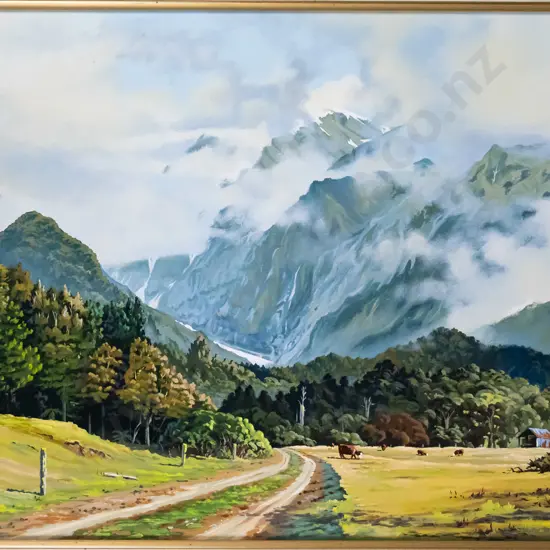 Roy Cunliffe 93 -framed oil on board- mountain scene H-450 W-680