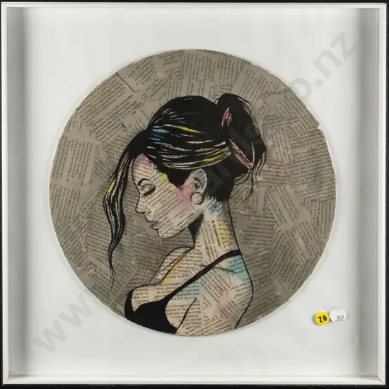 unsigned -framed mixed media- female portrait- diam 305