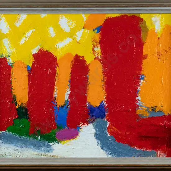 J Z Robinson 1991 -framed oil- "Yew trees at Larnachs Castle" H-225 W-280