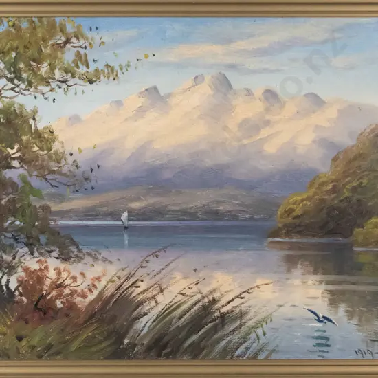 W Allen Bollard 1919 -framed oil on board- lake & mountain scene H-265 W-450