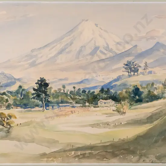 illegible signature -framed watercolour- "Mount Egmont New Plymouth" H-255 W-385