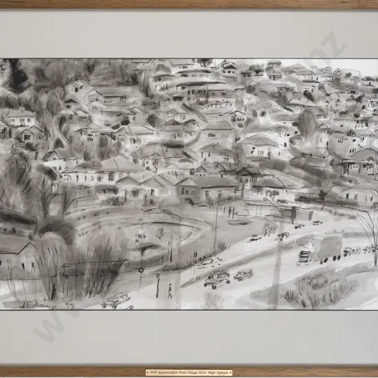 Joe L'Estrange -framed ink & watercolour- city scene H-330 W-500