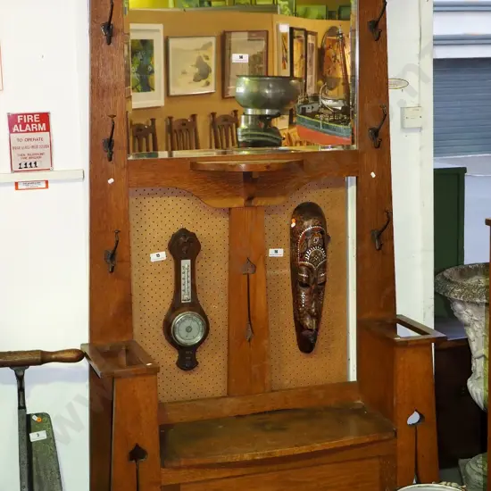 deco oak large hall stand with lift-up storage seat, 2 umbrella holders, bevelled mirror, 6 coat hooks, keyhole cutout