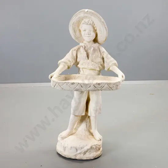cast concrete or stone composite garden ornament - boy with tray H780 W360 D330
