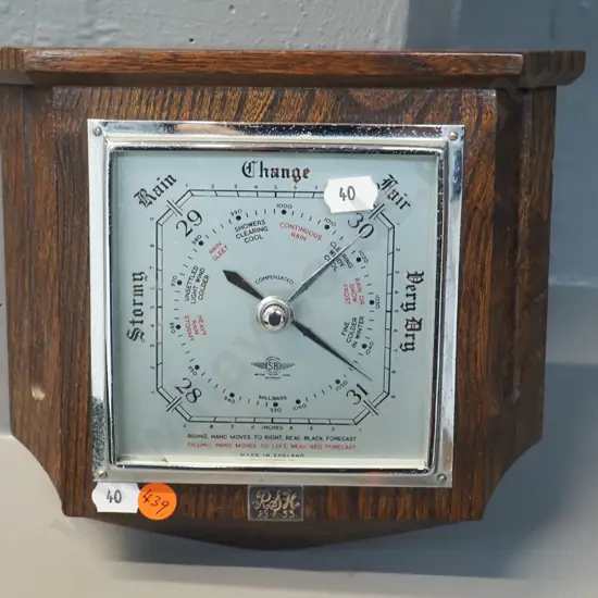 deco oak-cased Smiths 'SB' wall barometer with 1953 presentation plaque H-190 W-220