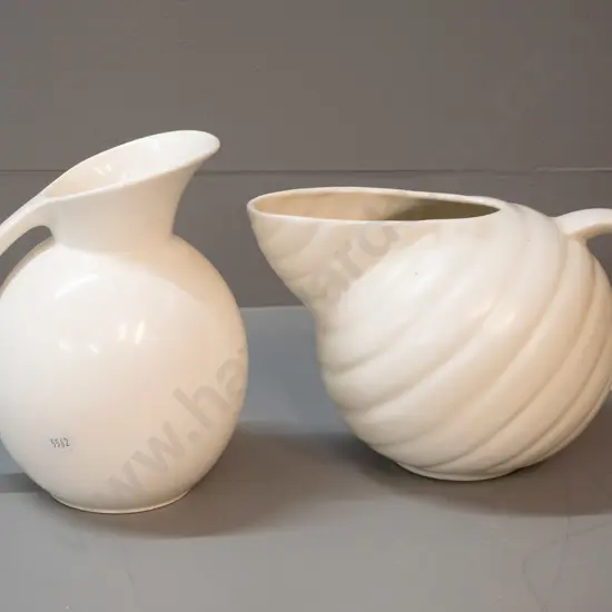 2 retro English white glaze jugs - Falcon ware H-185 and striped Crown Devon