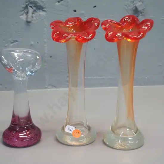 3 art glass jack in the pulpit vases - pair clear and orange H-205 and one smaller with purple base