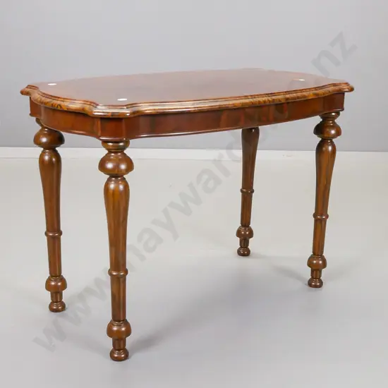 reproduction walnut, shaped top side table on wooden-threaded screw-on turned legs