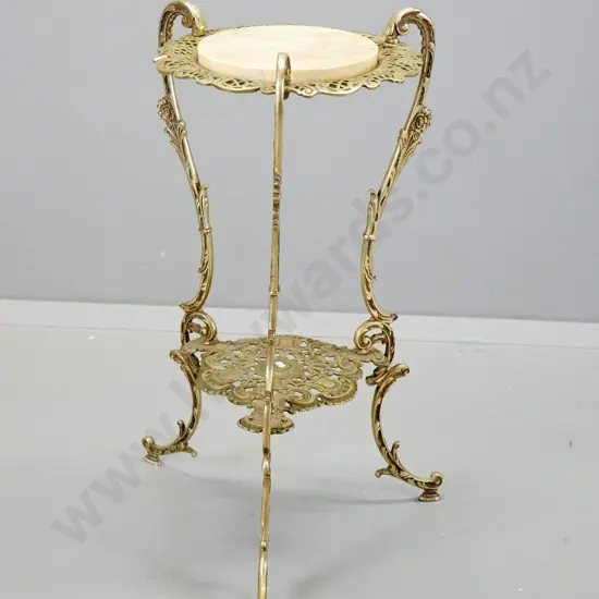 filigree pattern cast brass 2-tier plant stand with marble insert top - minor chips to marble. H-750 W-530 at base