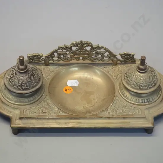 vintage brass ink-stand with 2 lidded inkwells, no bottles or inserts H-100 W-300