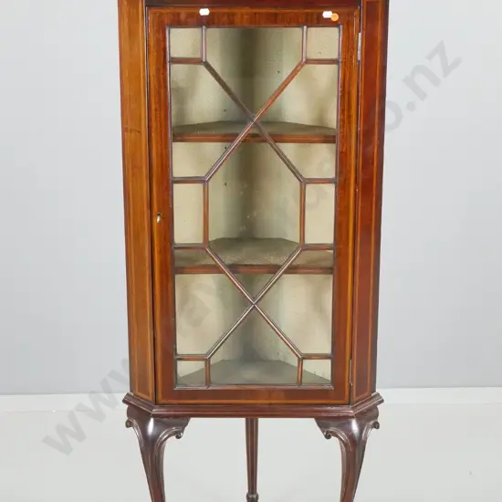 mahogany traditional style cab-leg corner cabinet - single door with astragals, inlaid banding, fabric lined interior