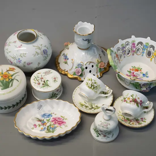 assorted small English and German floral china: Portmeirion lidded trinkets, 2 Royal Albert cups & saucers, Lindner