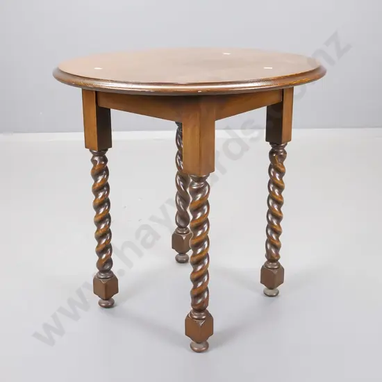 vintage oak circular-top side table on 4 jacobean twist legs, H- 610 W- 600