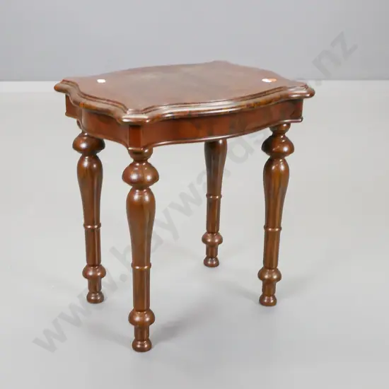 reproduction walnut, shaped-top side table on wooden-threaded screw-on turned legs