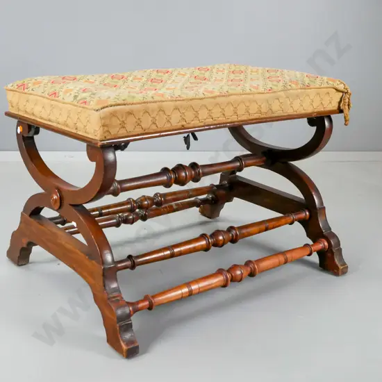 rectangular x-framed stool on turned stretcher base, in kauri and rimu, with vintage upholstered top