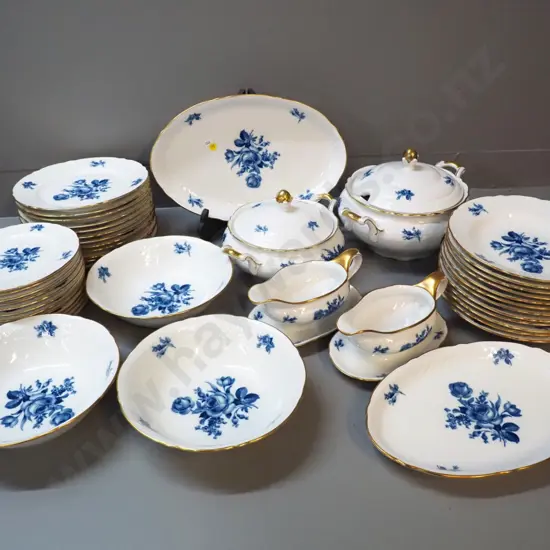 Schumann Bavaria "Echt Cobalt" blue and white with gilt trim dinnerware, 12 place, including lidded vege, soup tureen, 2