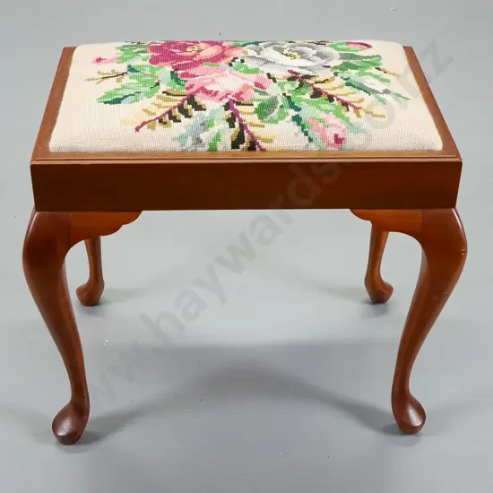 mahogany and beech cab leg dressing stool with floral tapestry cover