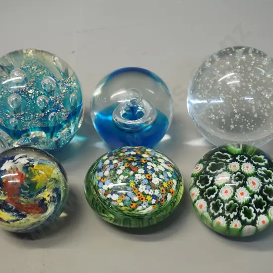 6 art glass paperweights, largest H- 80