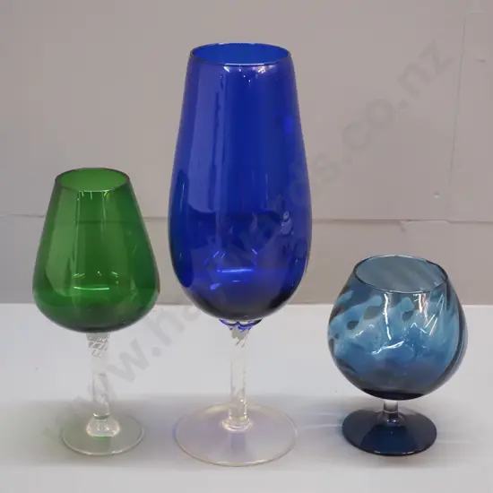 3 retro assorted colour & clear glass goblets - blue & green, tallest is H-270