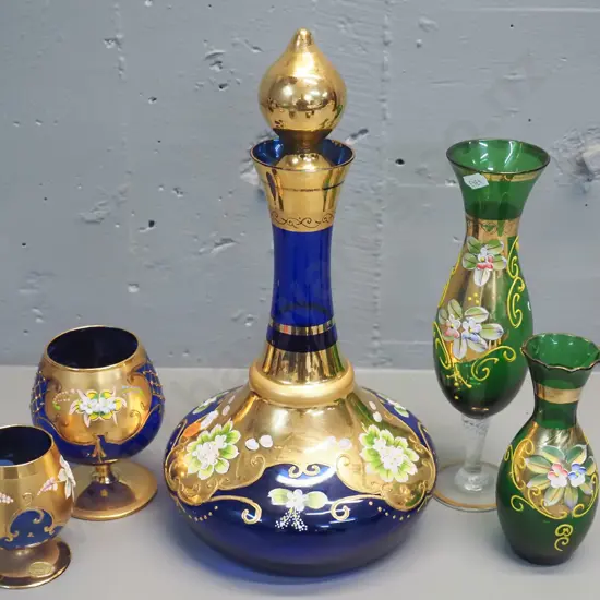 Venetian glass items - large blue stoppered decanter H-350 and 2 goblets, 2 green vases