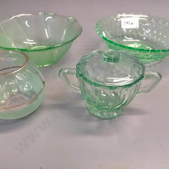 lidded depression glass double handled cup/bowl, green glass gold banded vase, uranium glass bowl, green glass bowl