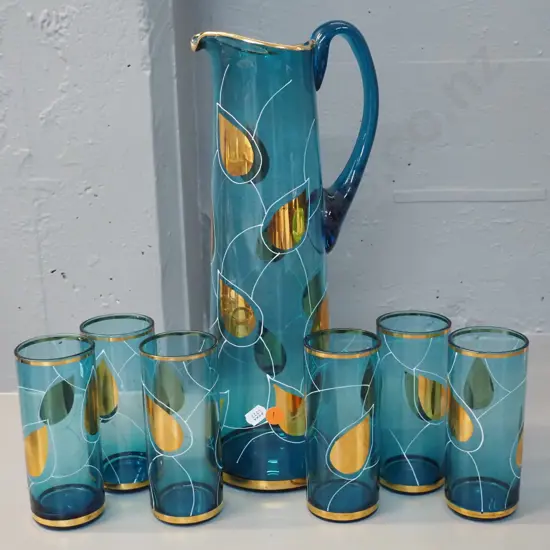 retro teal glass water set with gilt decoration - jug H-340 and 6 glasses