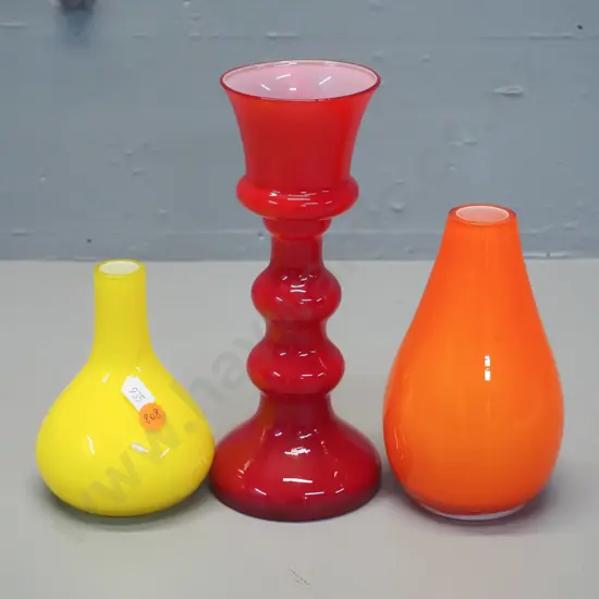 3 coloured glass vases - yellow, orange and white-lined red H-210