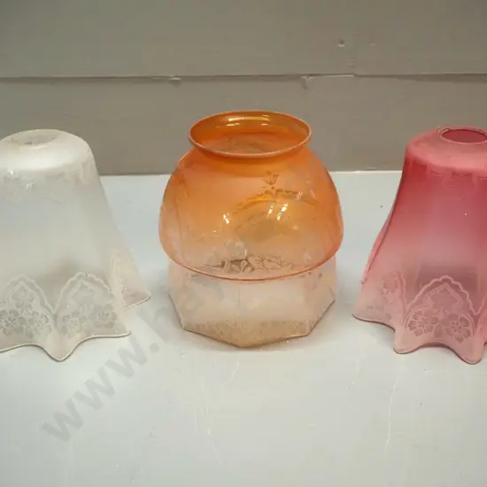 3 vintage etched and frosted glass small lamp shades - all approx. H-150 D-130