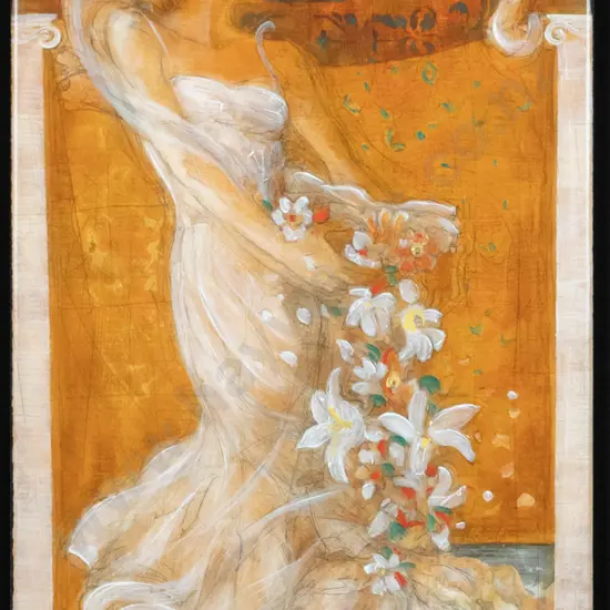 Nixon - framed mixed media - woman with flowers H-670 W-350