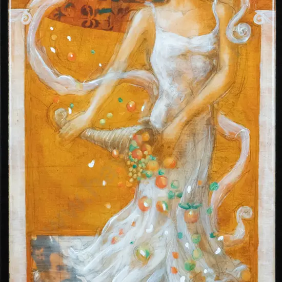 Nixon - framed mixed media - woman with fruit H-670 W-350