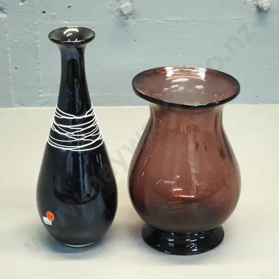 2 art glass vases - black with white threads H-300 and dark cranberry