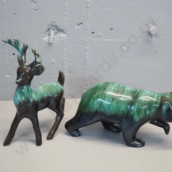 2 Blue Mountain pottery animal figures - bear H-160 L-260 and stag H-230