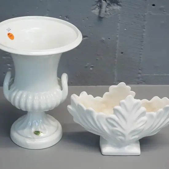 2 English white glazed vases - Beswick double handled urn H210 and a leaf shape flower trough w/ small fleck to base