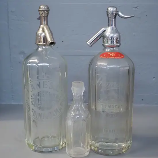 2 vintage soda syphons - Lane's Dunedin H310, Thomson's Dunedin & Oamaru, and a small crystal vinegar bottle, no stopper