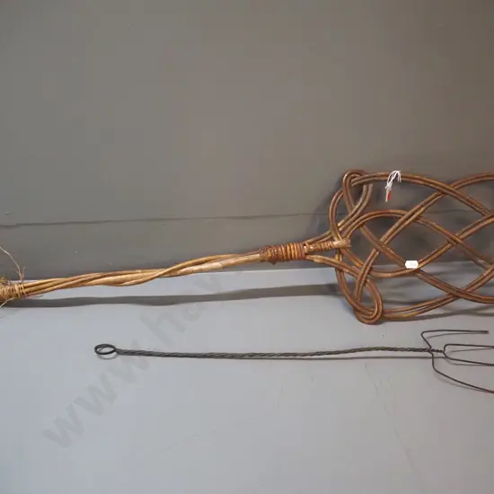 vintage cane carpet beater, some damage to binding L-850 and a hand-made toasting fork