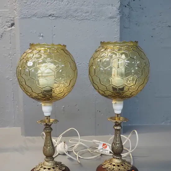pair of retro cast brass table lamps with timber bases with moulded glass shades - bases and heights