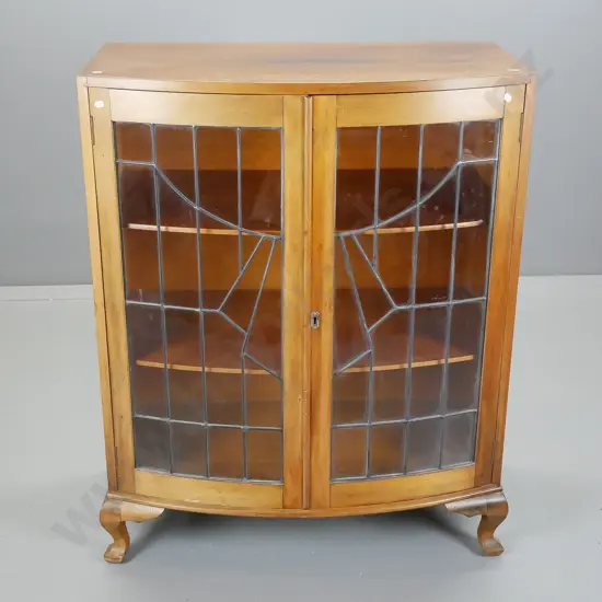 deco rimu bow-fronted display case - 2 leadlight doors on cabriole legs