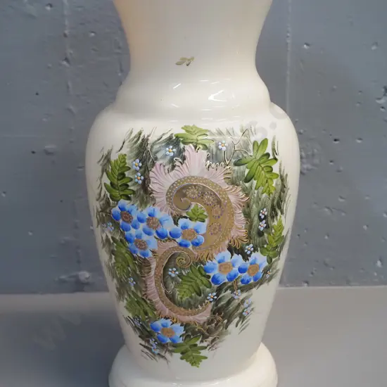 large Victorian hand-painted milk glass vase - some loss to gilt decoration H-350 D-170