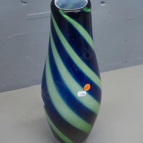 heavy art glass vase - white lined blue & green swirls with clear base H-350