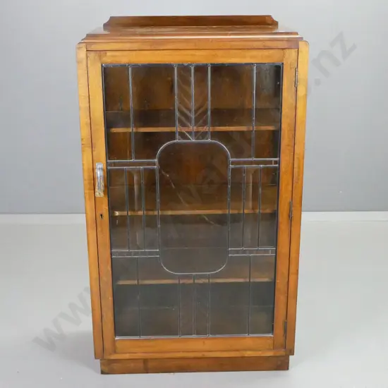 deco mahogany single-door leadlight china cabinet with original chrome handle, 3 timber shelves H1090 W620 D300