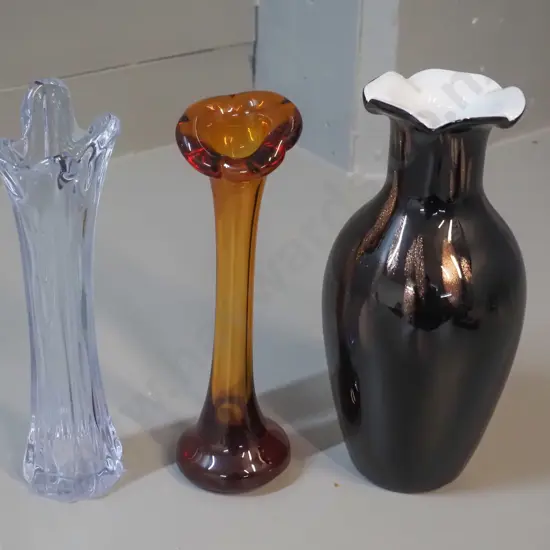 3 art glass vases - jack in the pulpit amber glass, pale blue scalloped top, and a white lined brown and metallic H-240