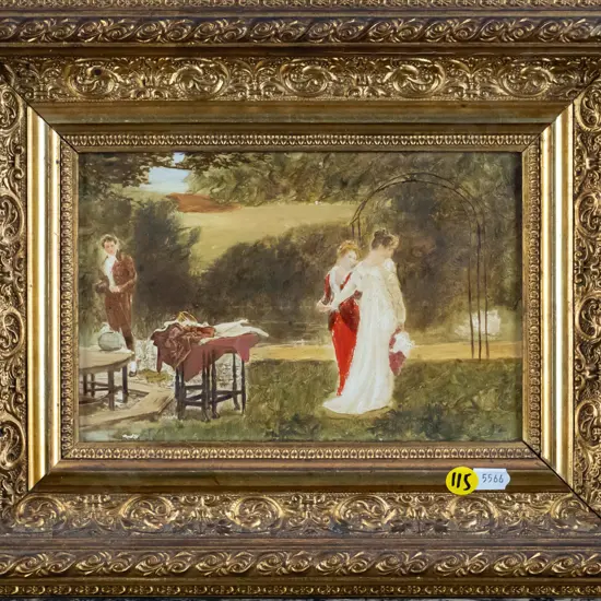 gilt framed oil - women on lawn H-130 W-190