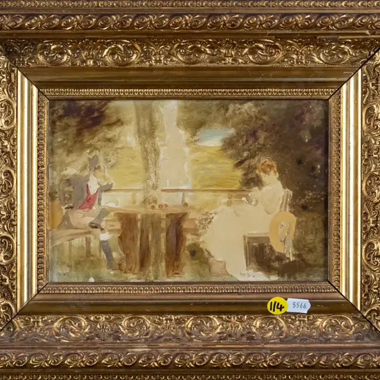 gilt framed oil - seated couple H-130 W-190