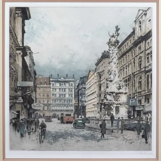 framed and signed print - city scene H-390 W-390