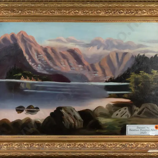 Beatrice Florence Allen - framed oil - lake and mountain scene H-340 W-480 (frame needs attention)